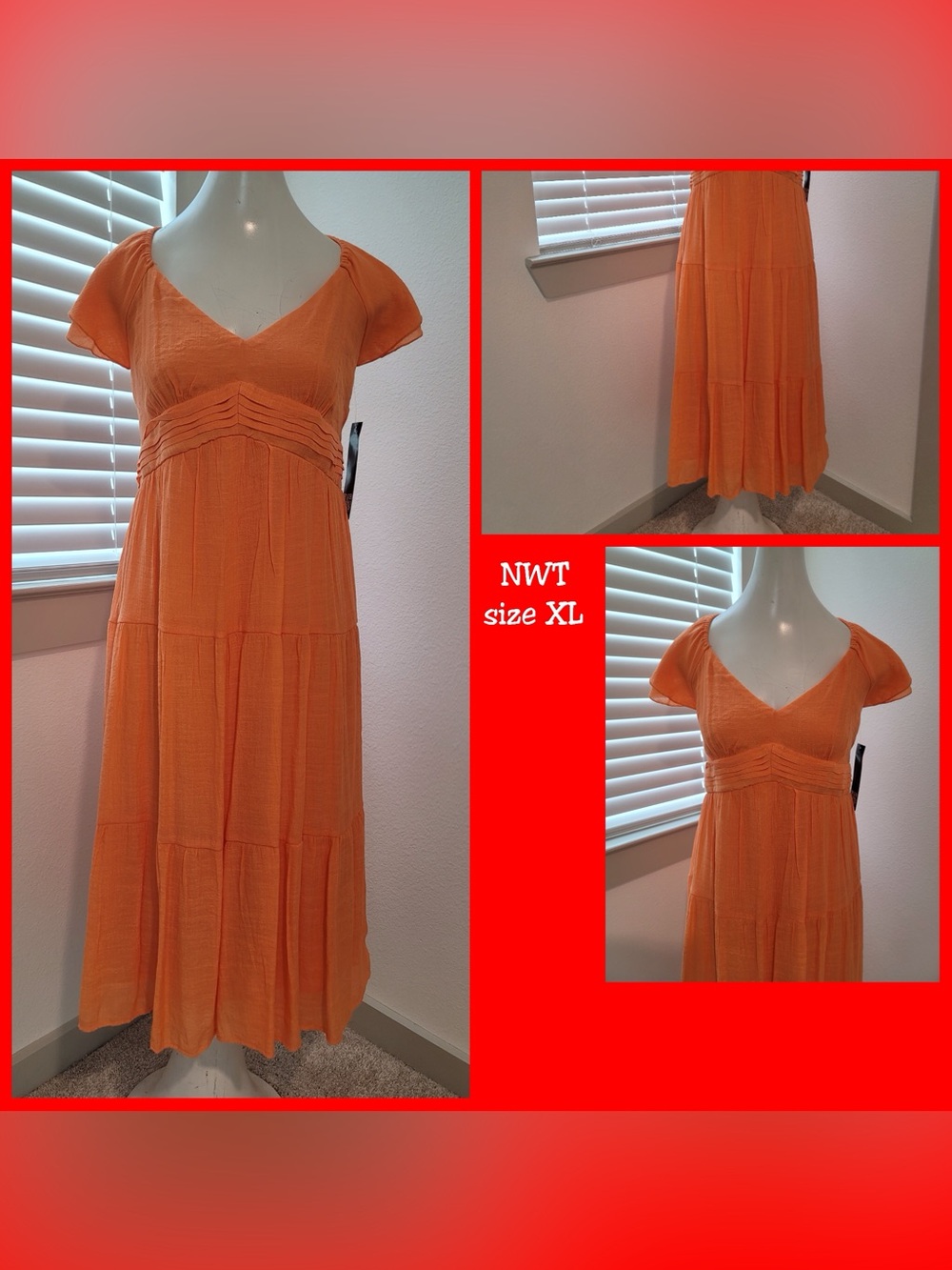 NWT-Orange V-Neck Tiered Maxi Dress -